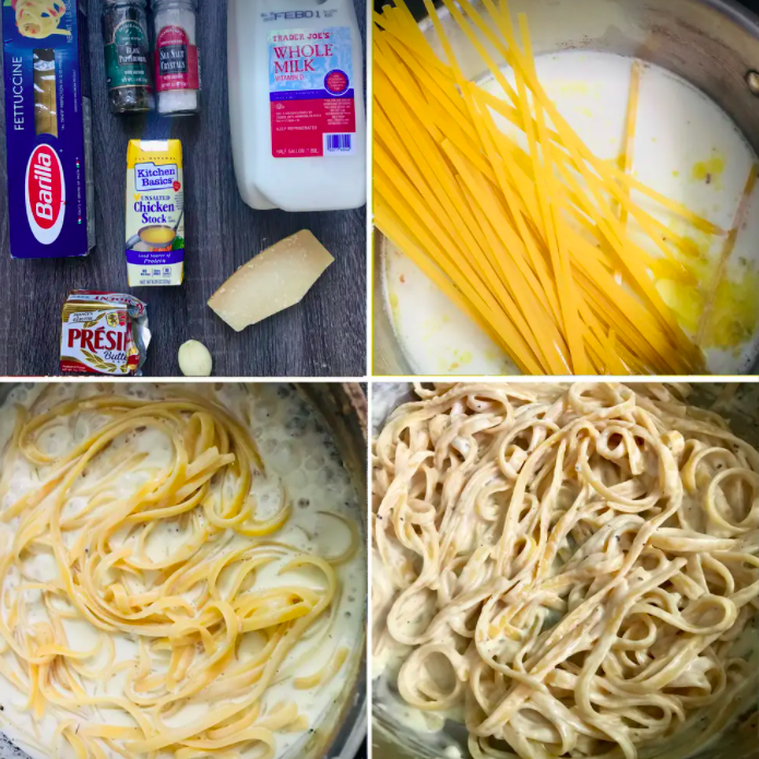 A process shot of one-pot creamy pasta.