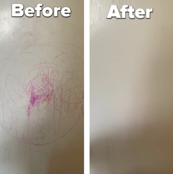 reviewer before and after photos of cleaning wall with marker on it