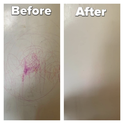 reviewer before and after photos of cleaning wall with marker on it