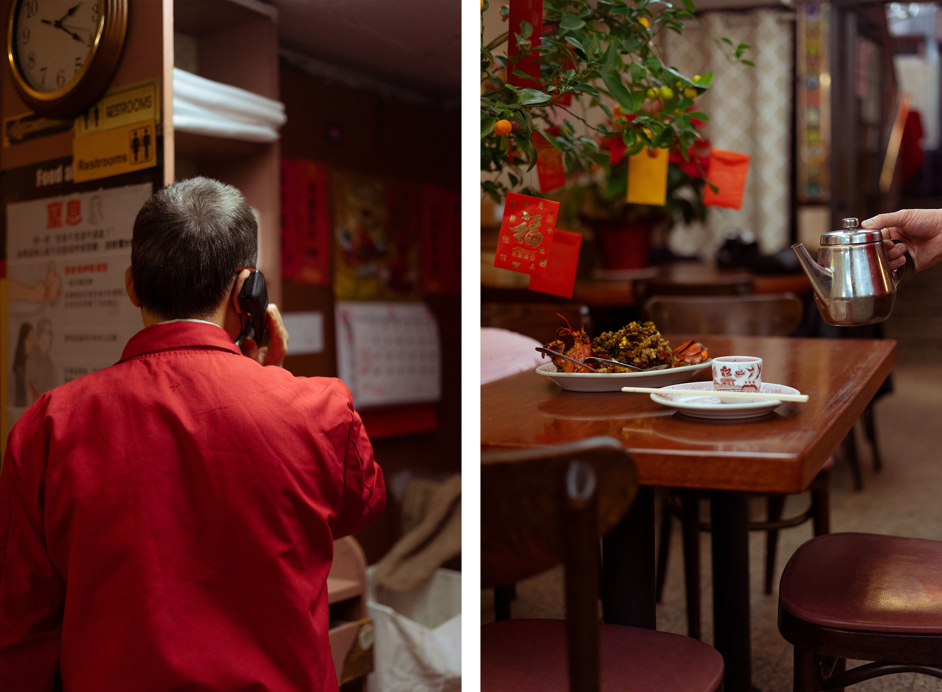 A man on the phone and a prepared dish of food at an empty table