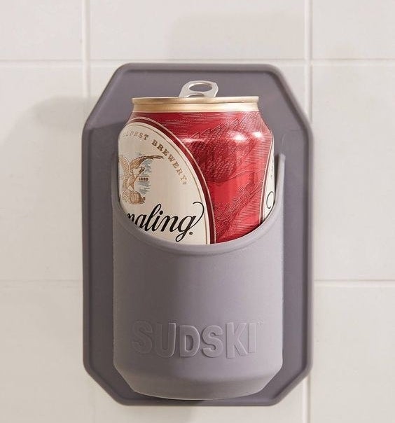 A beer can in the shower beer holder
