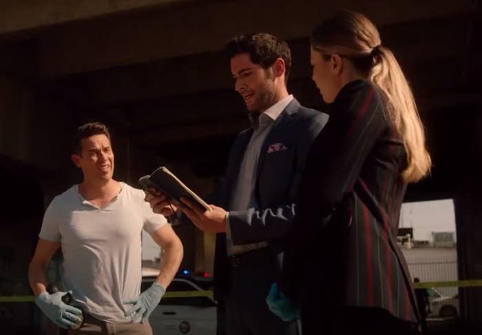 Lucifer and LA detectives looking at a crime scene 