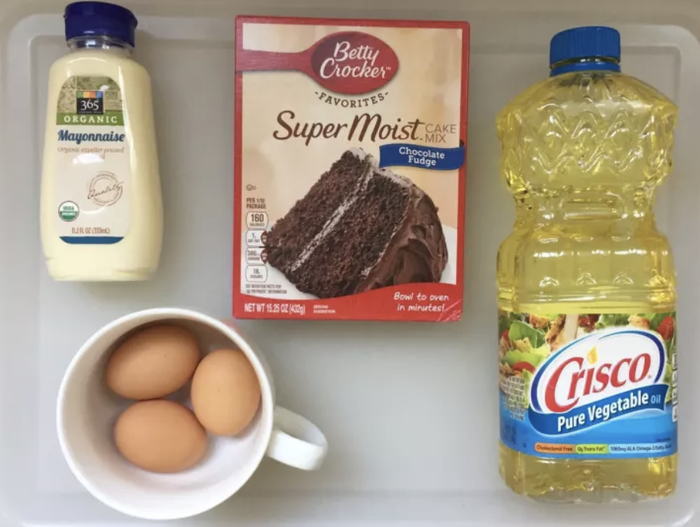 Cake mix, eggs, oil, and mayo.