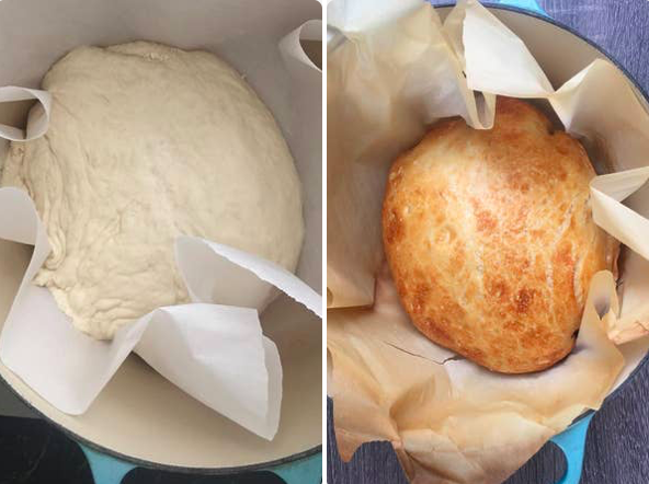 No knead bread before and after baking.