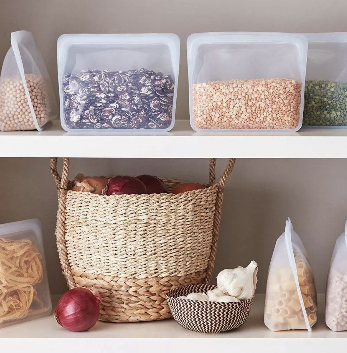 the storage bags in a pantry with different foods in them