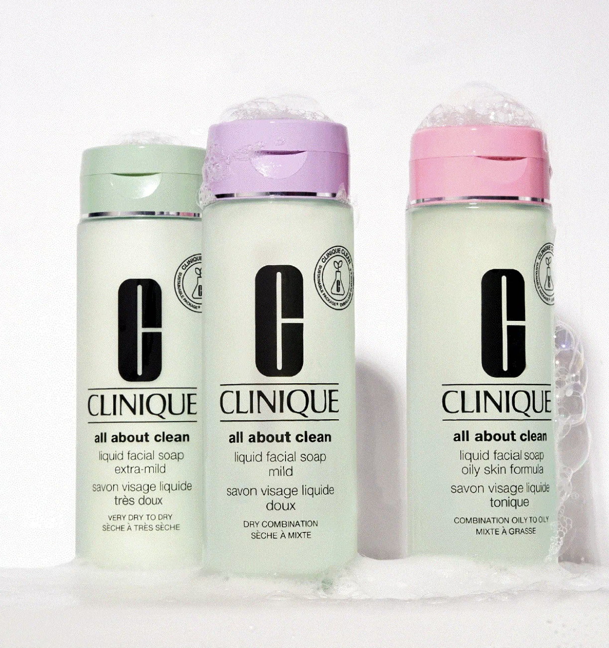 three versions of the cleanser in very dry to dry, dry combination, and combination oily to oily