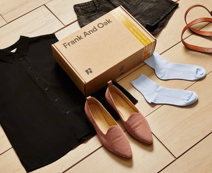 Frank and Oak Style Plan box with button down shirt, white socks, and pink pointy-toe flats