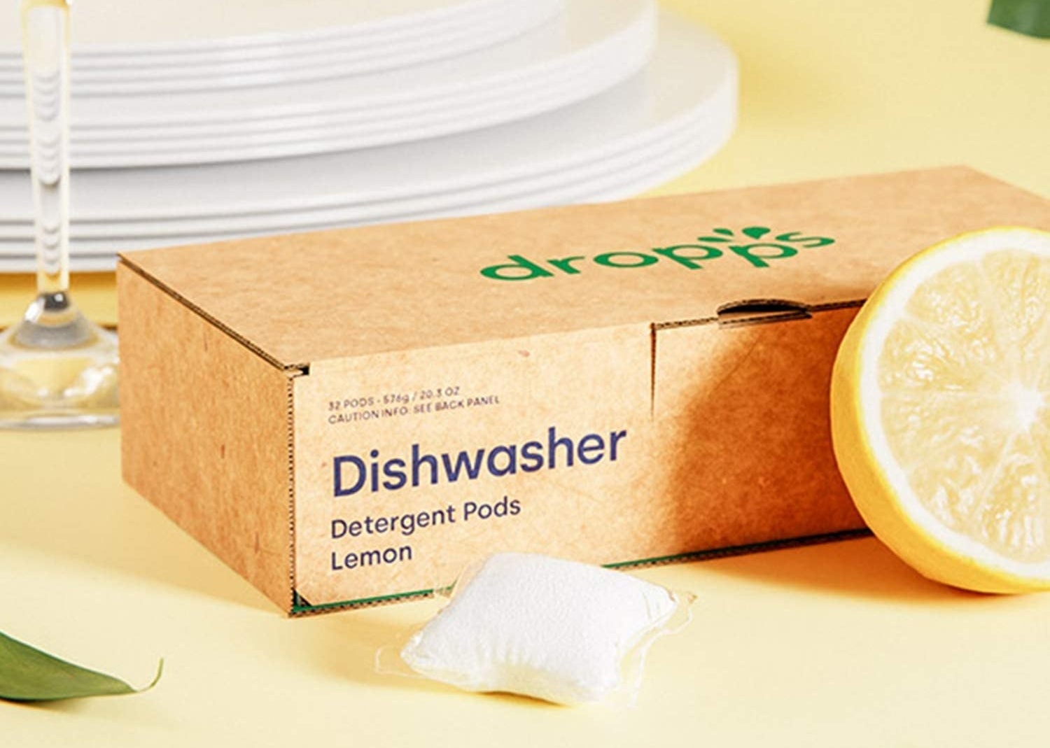 The dishwasher pods sitting next to the Dropps cardboard box