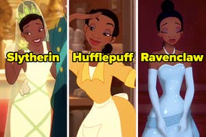 Tiana in a wedding dress labeled "Slytherin," a work dress labeled "Hufflepuff," and a ball gown labeled "Ravenclaw"