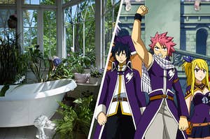 A bathroom filled with plants and a screencap from Fairy Tail
