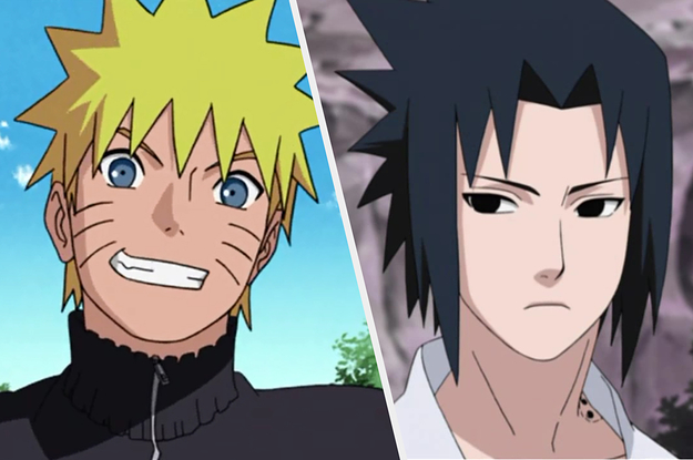 Naruto smiling and Sasuke with a flat expression