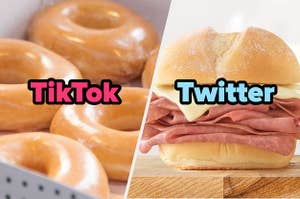 Glazed doughnuts labeled "TikTok" and a roast beef slider labeled "Twitter"