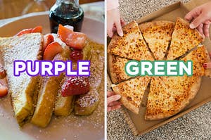 On the left, French toast topped with powdered sugar and strawberries labeled "purple," and on the right, people grabbing slices of cheese pizza out of a box labeled "green"