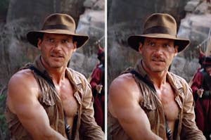 Side-by-side images of Indiana Jones with hats of different widths