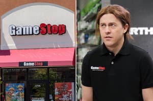 A GameStop storefront, and SNL cast member Alex Moffat as a GameStop employee