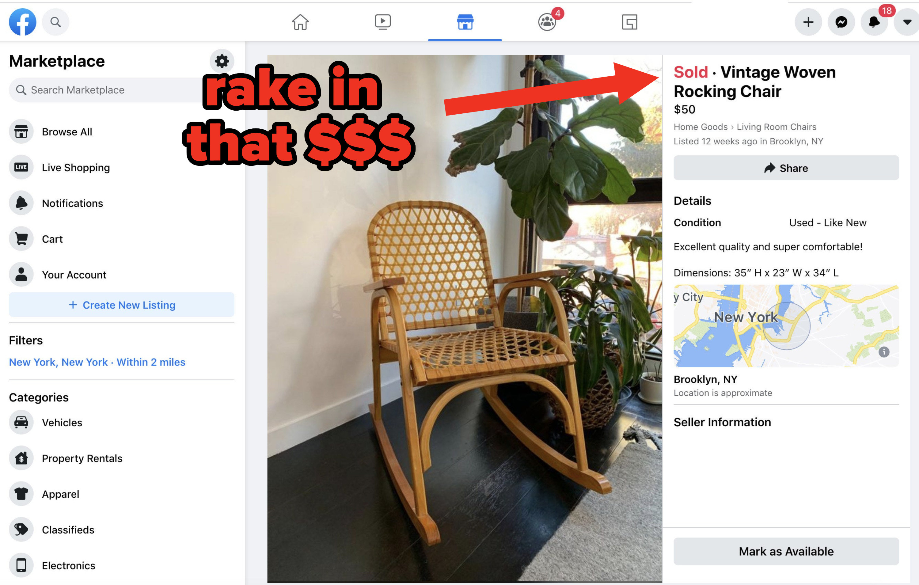 a rocking chair sold for $50 on facebook market place