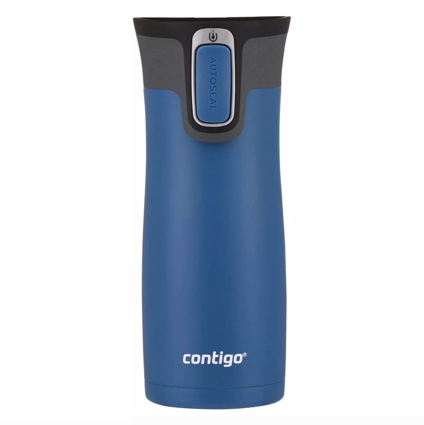 The stainless steel travel mug in blue