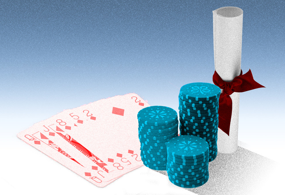 A graphic shows three stacks of poker chips, a spread-out hand of cards, and a college diploma, tied with a ribbon