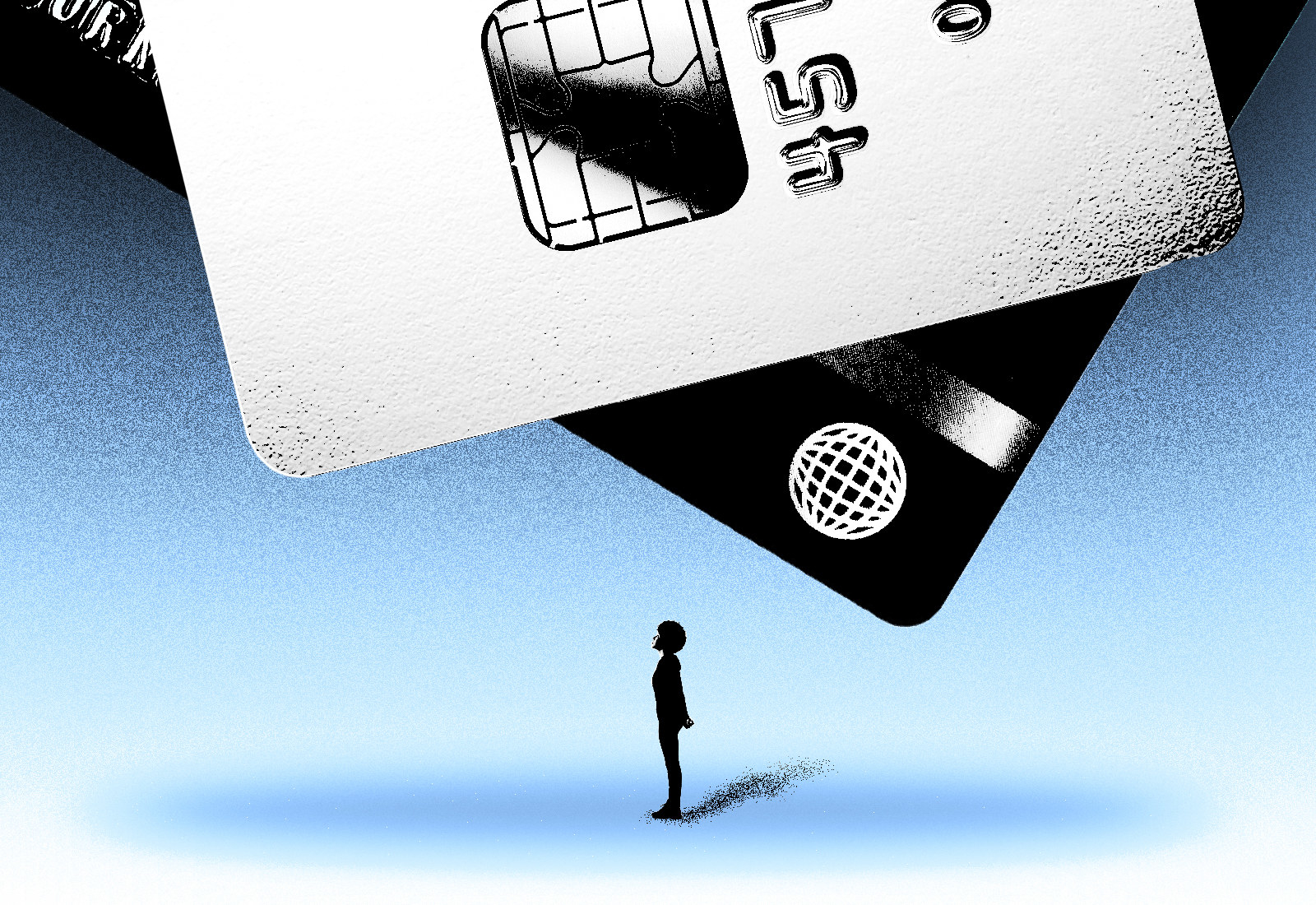 An illustration shows a person standing under massive credit cards that appear to be falling on them