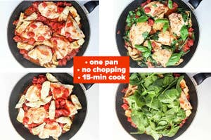Cooking chicken, tomatoes, and spinach in a pan