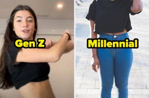 charli d'amelio dancing with the text "gen z" and a closeup of skinny jeans with the text "millennial"