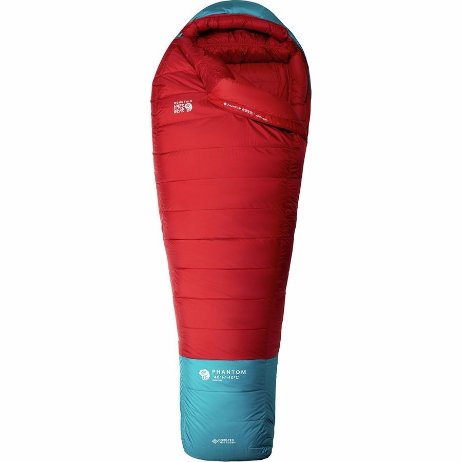 the bright red and blue mummy-shaped sleeping bag