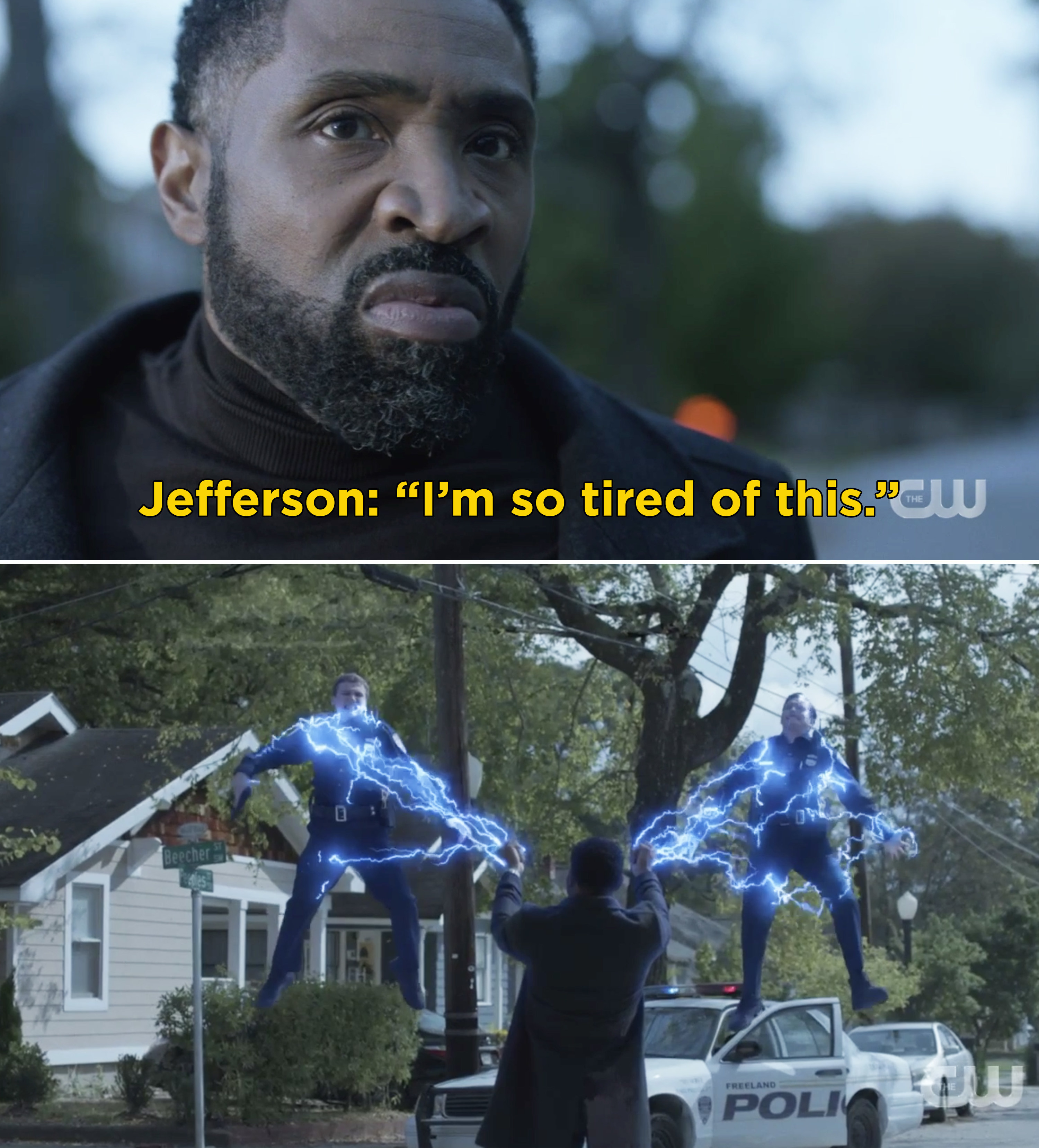 Jefferson saying, &quot;I&#x27;m so tired of this&quot; before holding two cops in the air with his powers