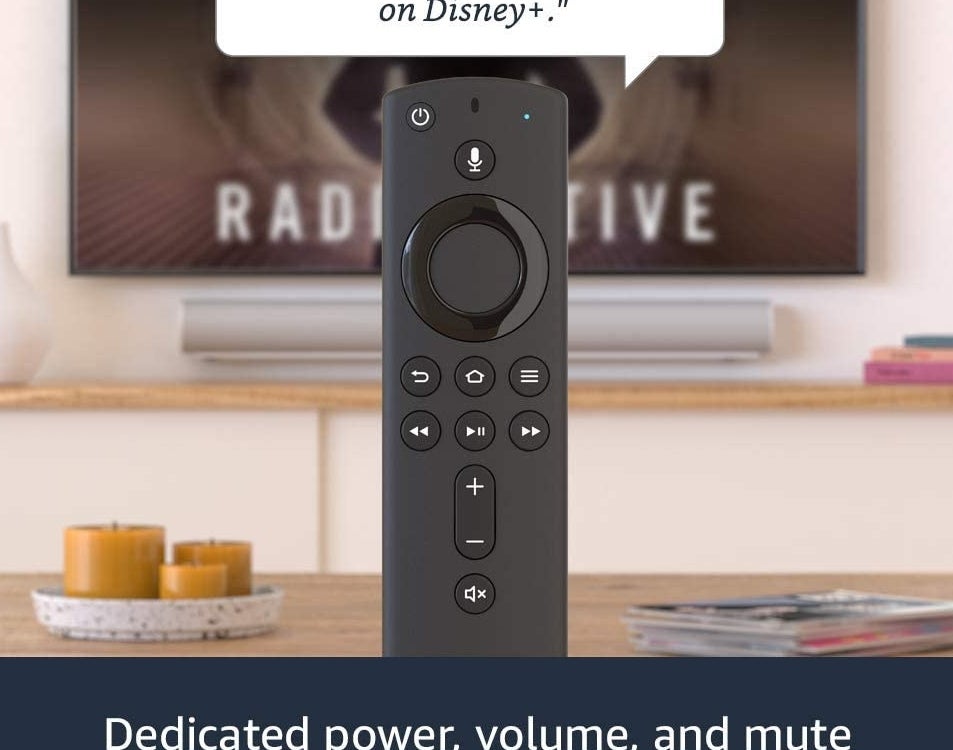 the fire stick&#x27;s black remote and the caption &quot;alexa, play mandelorian on Disney plus&quot;