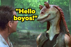 Jar Jar Binks with Obi-Wan and text, "Hello boyos!"