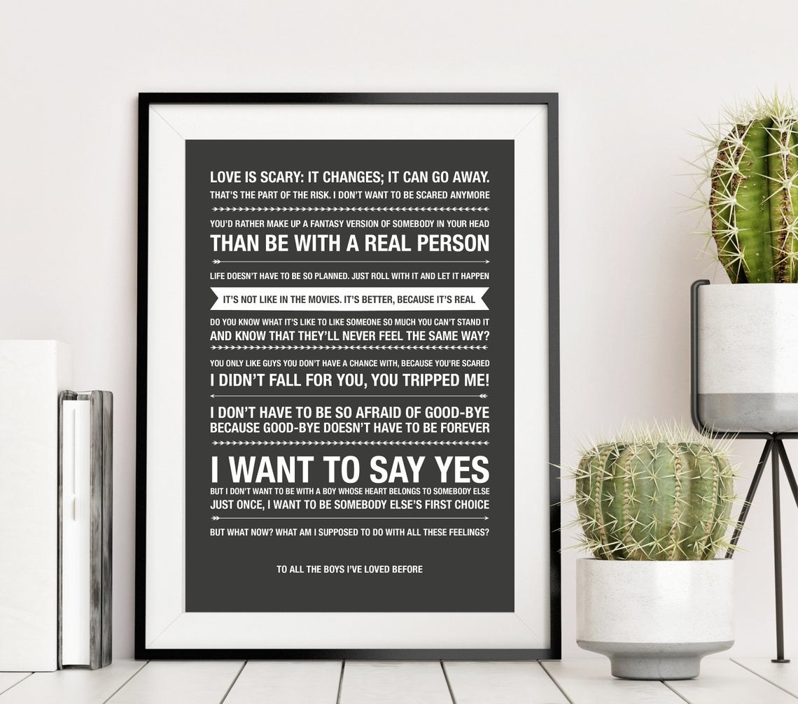 A framed art print with quotes from the book To All The Boys I've Loved Before