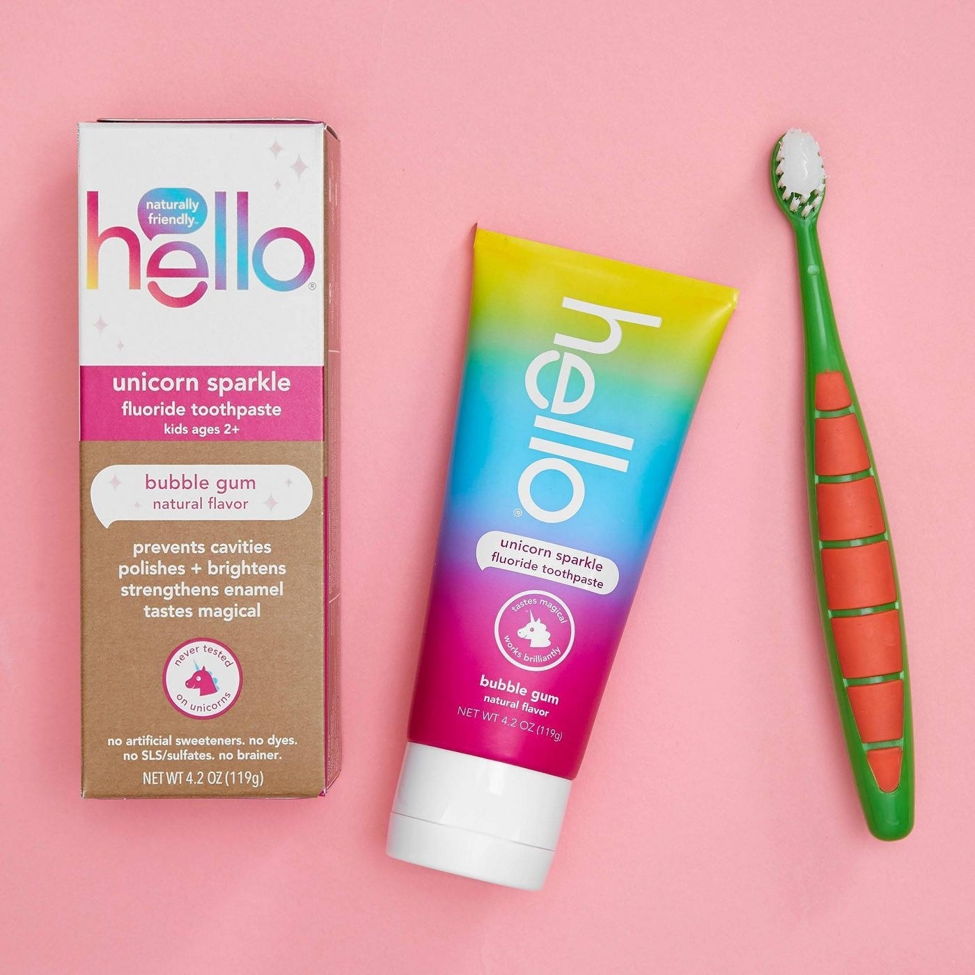 The toothpaste, which comes in a small, rainbow-colored tube