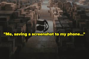 A man pushes a box into a hanger full of similar boxes, with text reading "Me, saving a screenshot to my phone...""