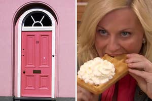 On the left, a front door, and on the right, Leslie Knope from "Parks and Rec" eating a waffle topped with whipped cream