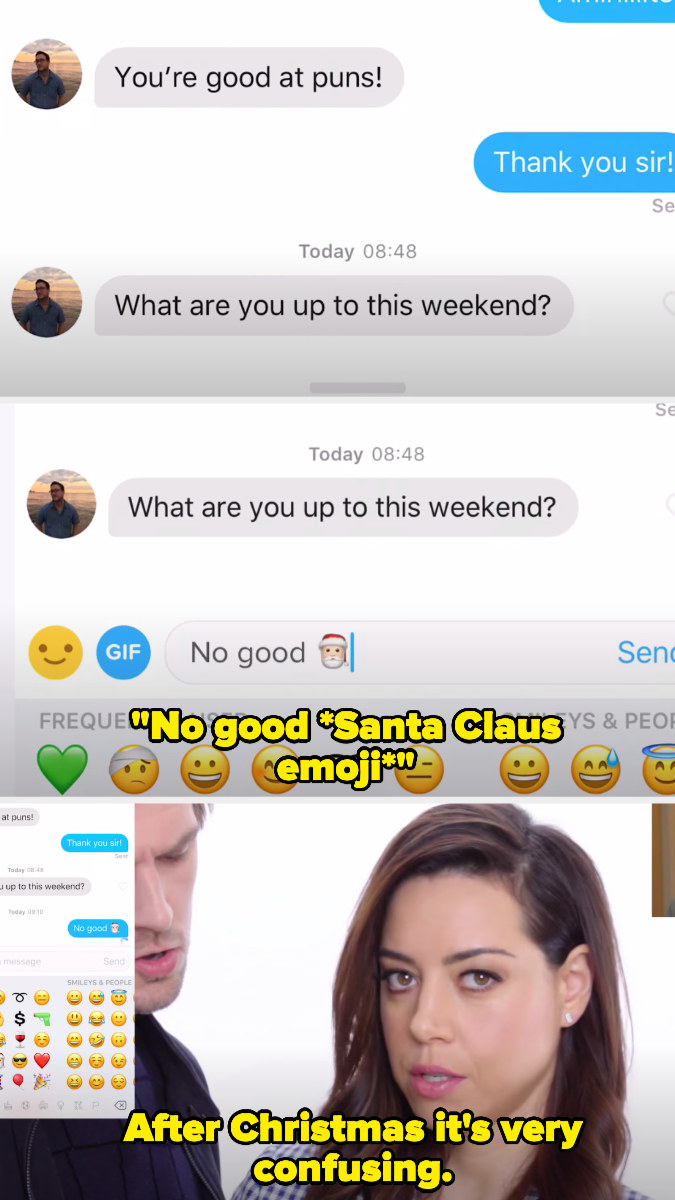 Aubrey telling a Tinder match she's been up to no good along with a Santa emoji