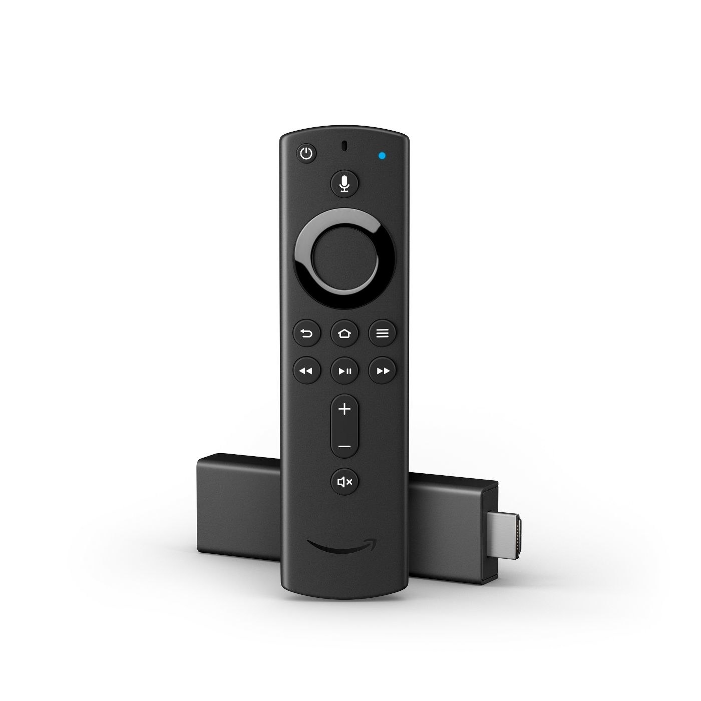 The Fire TV Stick and remote, which are both very small