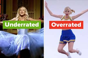 Our Song music video labeled "underrated" and Shake It Off labeled "Overrated"