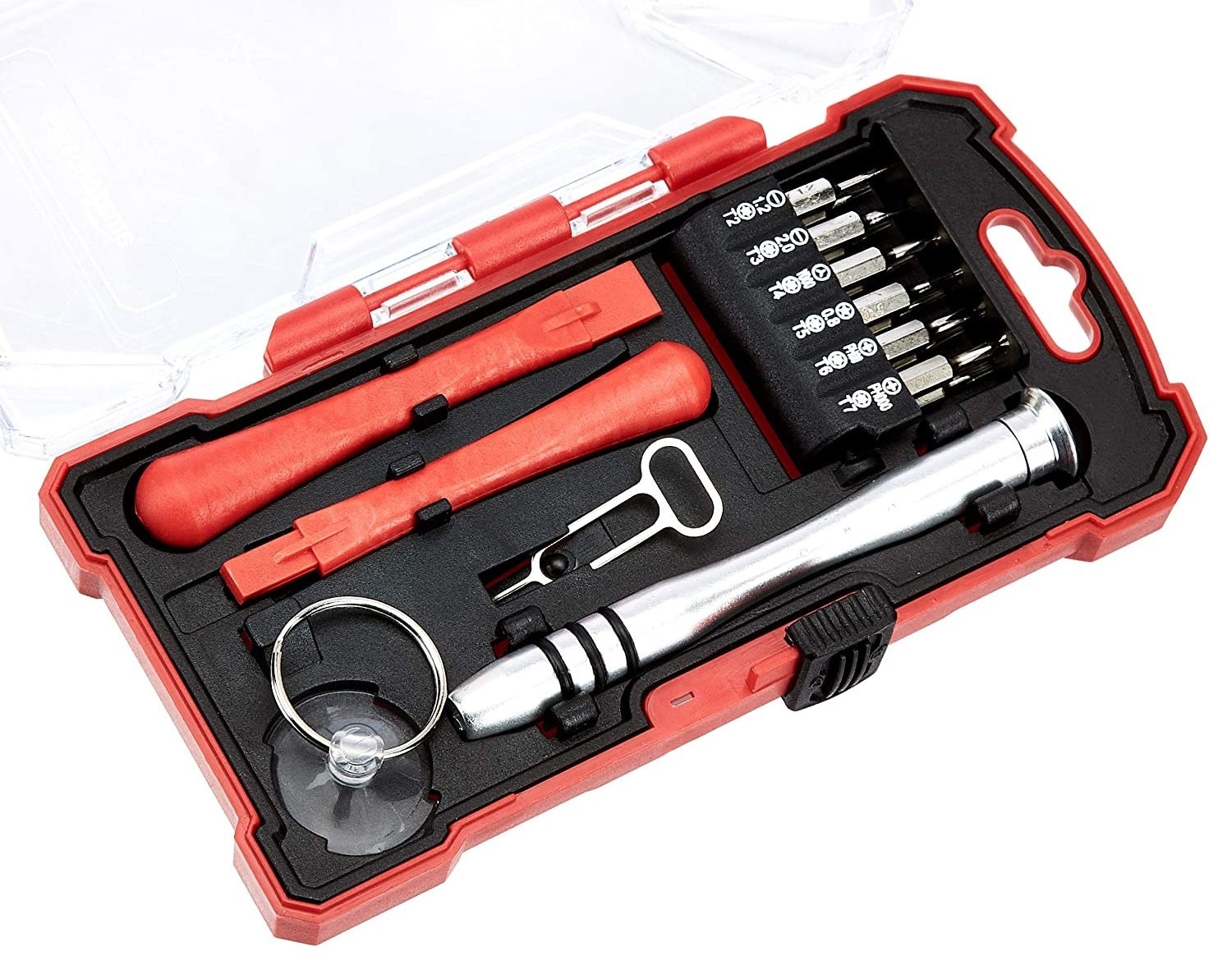A screwdriver kit box in black and red with multiple tools in it