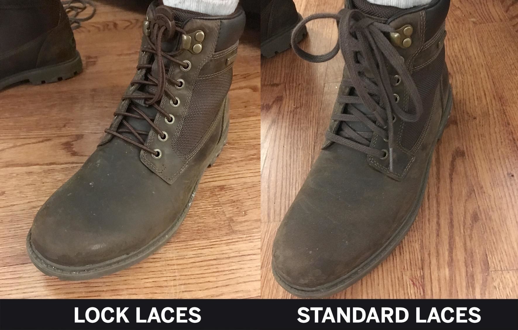 before and after showing combat boots with lock laces vs standard laces