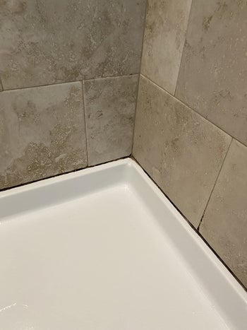 Reviewer photo of shower corner with mold and mildew stains