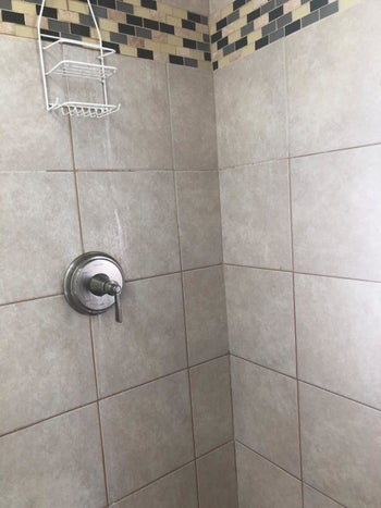 Reviewer photo of clean shower after using the mold and mildew spray