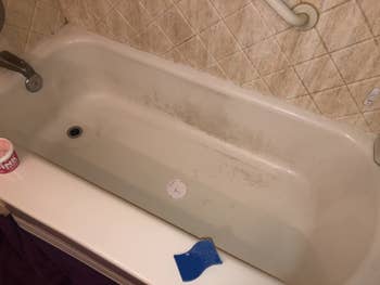 Reviewer's dirty bathtub before using The Pink Stuff