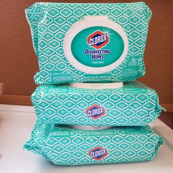 Three packs of Clorox bleach-free disinfecting wipes