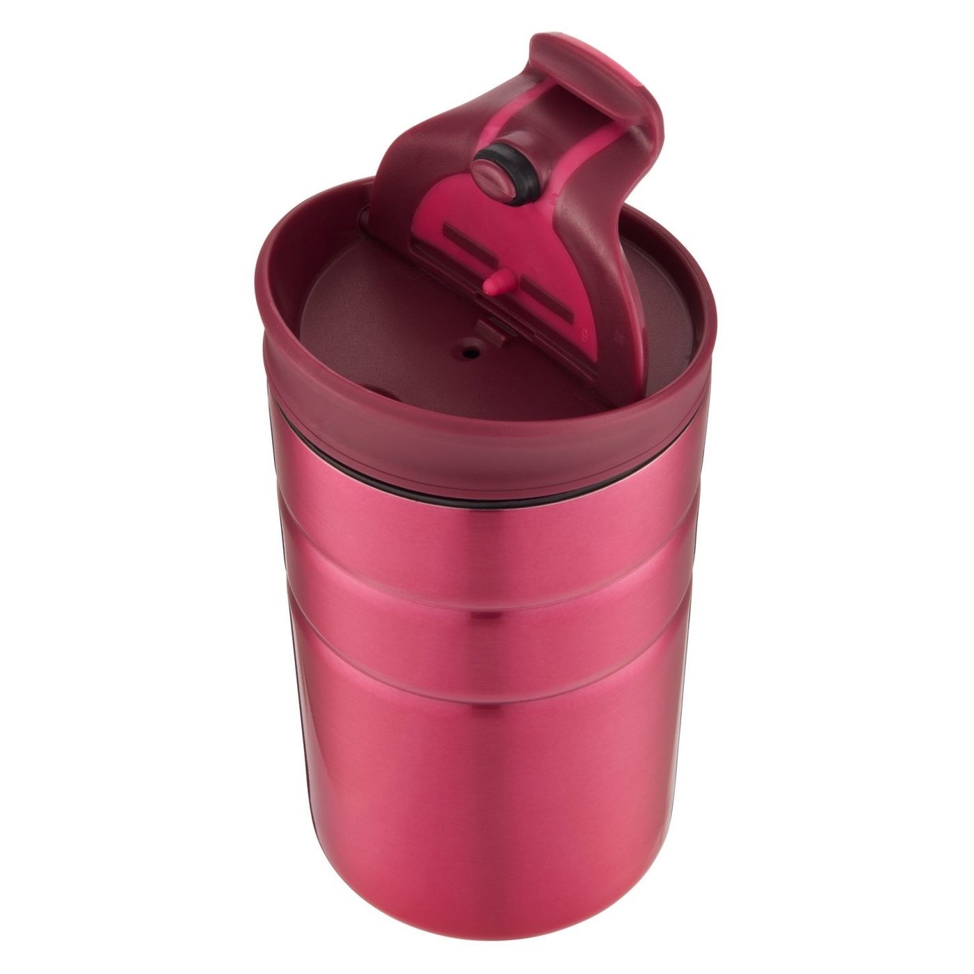 The mug, which has a locking flip top, in red