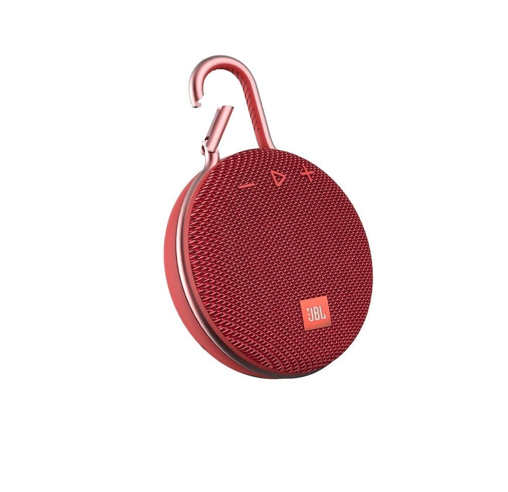 a red speaker attached to a carabiner 