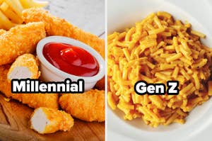 chicken tenders and fries labeled "millennial" alongside mac and cheese labeled "gen z"