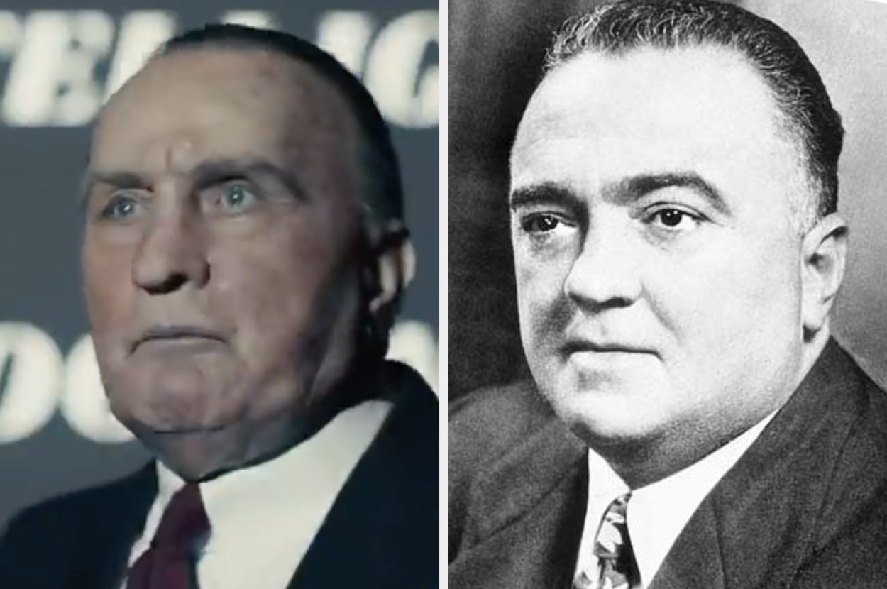 Martin Sheen in prosthetic makeup to make him look like J. Edgar Hoover with a larger nose, receding hairline and puffy face and an archival photo of Hoover