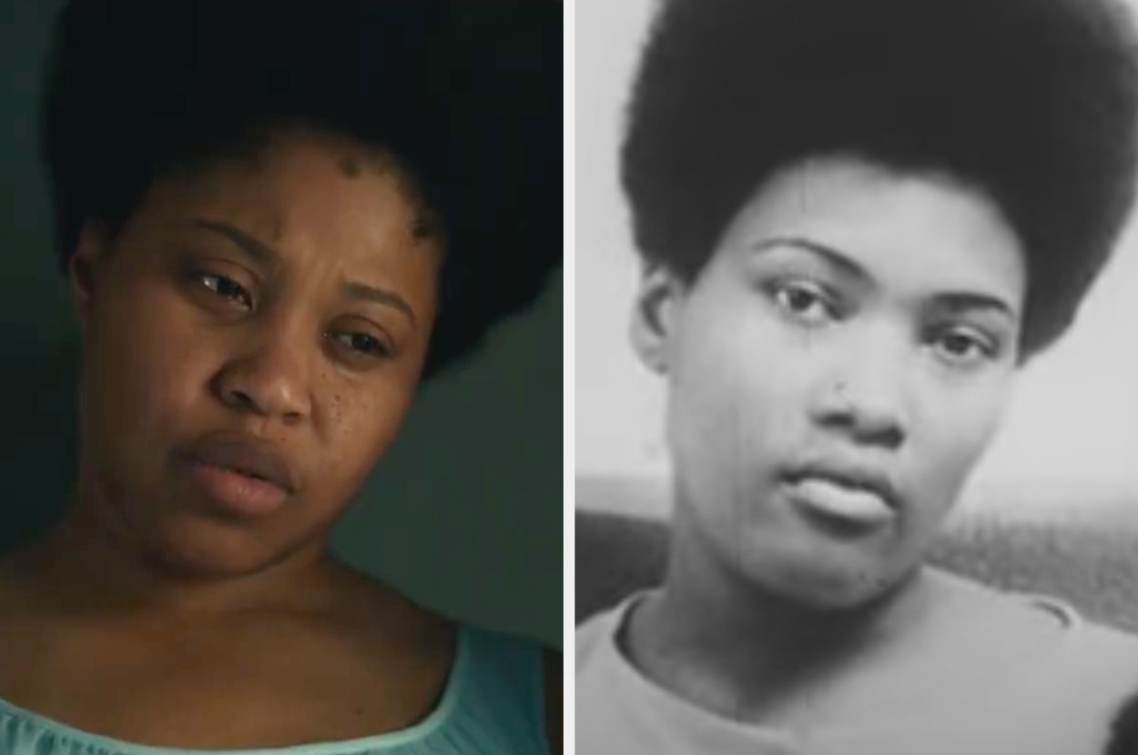 Dominique Fishback with her hair in an Afro and Deborah Johnson in archival footage with an Afro