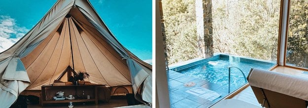 A beautiful  tent with a bright sky behind next to an indoor spa with a cheese and meat platter