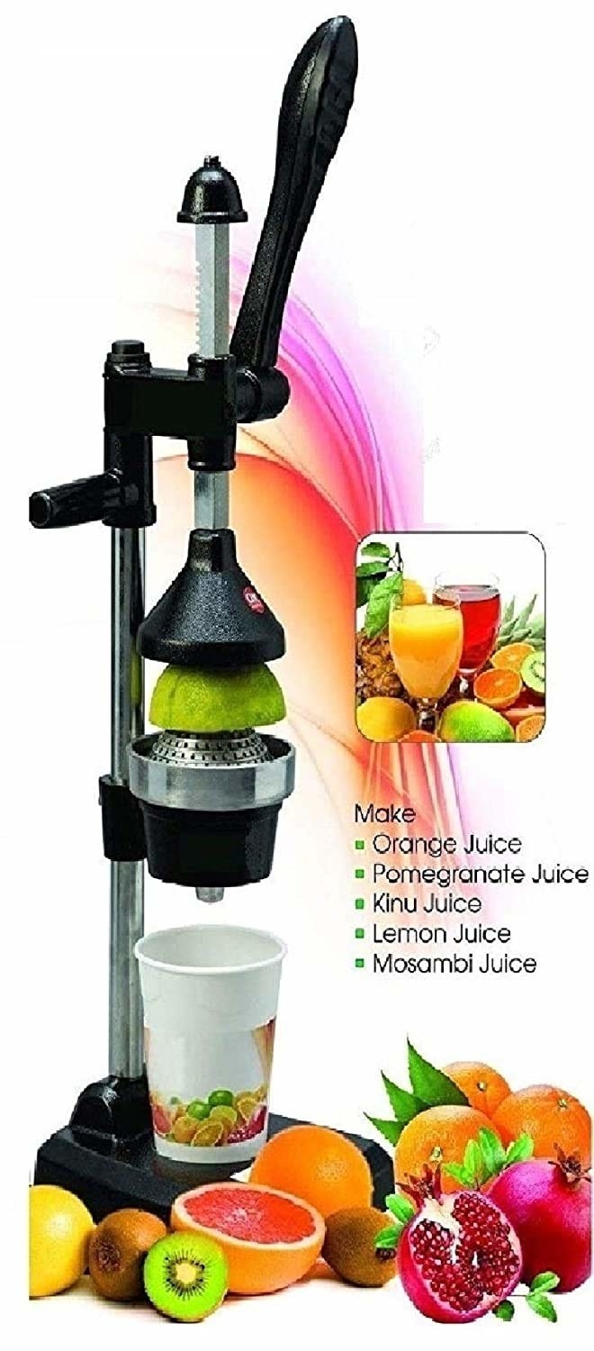 Hand press juicer with various fruits beside it, caption reading &quot;Make orange, pomegranate, kinu, lemon, mosambi juice&quot;.