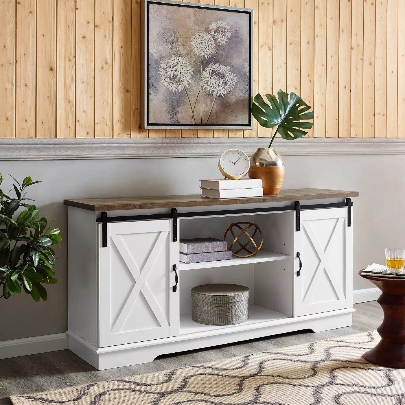 The farmhouse TV stand with barn doors in white